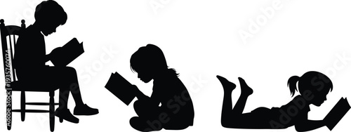 Children reading book silhouettes set with kids sitting and lying down, black vector illustration of childhood learning isolated on white background
