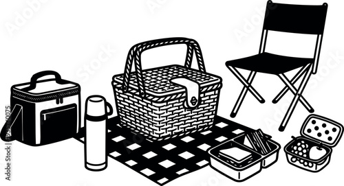 Flat line art picnic scene with wicker basket thermos lunch box folding chair checkered blanket composition casual summer black white