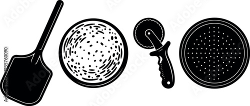 Line art top view pizza tools pizza peel dough ball round cutter and perforated pan isolated kitchen vector set black