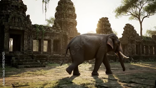 Elephant Walks Through Ancient Temple Ruins in Sunlight.