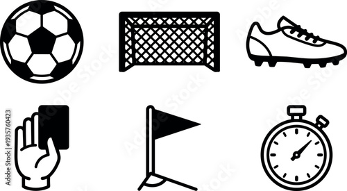Minimalist icon set soccer equipment in flat vector style showing ball goal cleat card flag and stopwatch close up minimal