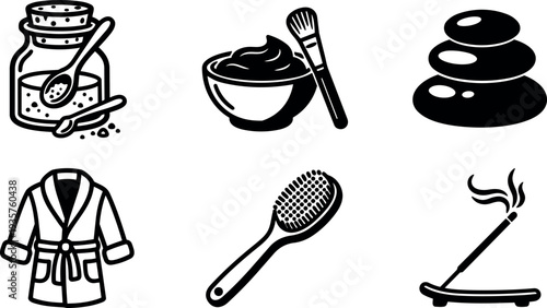 Flat design spa icon set showing jar with spoons bowl of mask stacked stones robe hair brush and burning incense