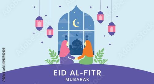 Happy Eid Mubarak, modern flat vector showing family happiness, generosity, and joyful Eid Mubarak celebration