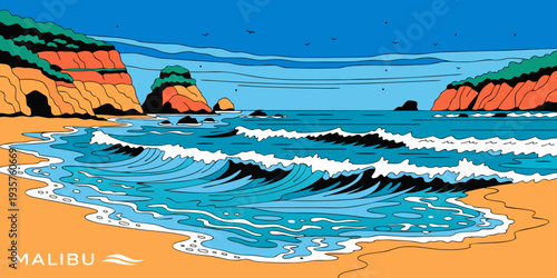 USA, US, U.S, United States - Malibu Beach Cliffs with Turquoise Ocean Waves – Panoramic Minimalist Flat Vector Illustration of a Classic California Coastal Landscape