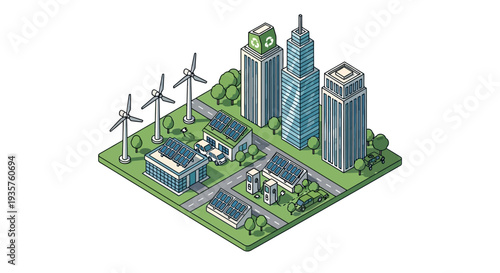 Isometric illustration of an eco-friendly city with green tech innovation, featuring wind turbines, buildings, and renewable technology in an urban landscape