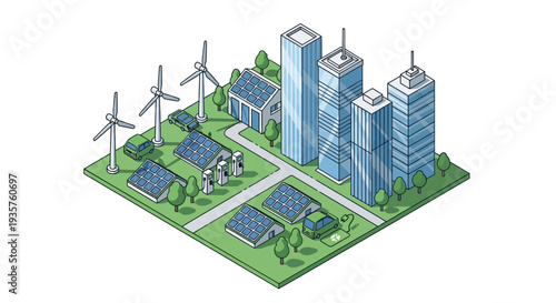 Isometric illustration of an eco-friendly city with green tech innovation, featuring renewable technology, urban buildings, wind turbines, solar panels, and a factory in a 3D design