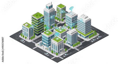 Isometric illustration of a green tech cityscape with modern buildings, factories, and homes on a map, showcasing eco-friendly urban architecture and renewable technology in a 3D design