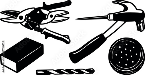 Silhouette vector close up of hand tools tin snips hammer chisel sanding block drill bit round rasp isolated black studio