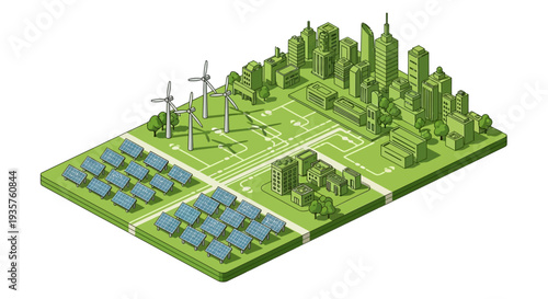 Isometric illustration of a green tech city with renewable technology, featuring solar panels, wind turbines, and buildings in an urban landscape design concept
