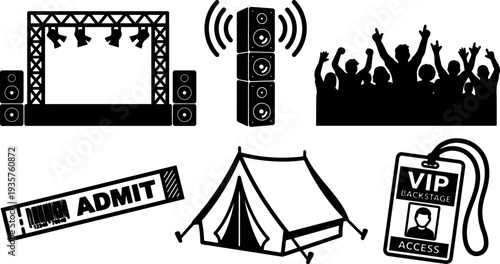 Flat design black concert icon set with stage speakers crowd ticket tent and vip pass in front view lanyard