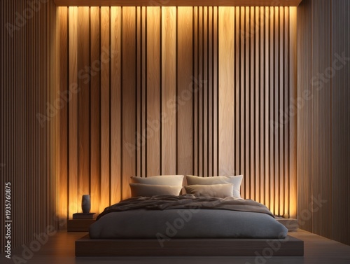 Warm light glows behind vertical wood slats. Bed rests on minimalist platform frame. Soft bedding invites calm, cozy comfort. Subtle ambient glow enhances serene atmosphere