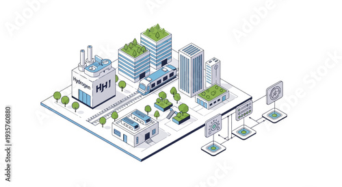 Isometric illustration of a green tech cityscape with urban buildings, factories, and renewable technology infrastructure