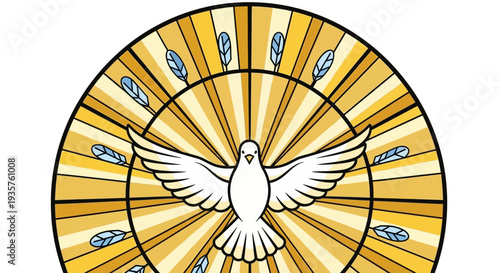 Dove in flight with radiant sunburst and feathers background