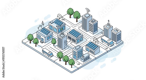 Isometric illustration of an eco-friendly city with green tech innovation and renewable technology, featuring buildings, factories, and homes with solar panels on rooftops in an urban