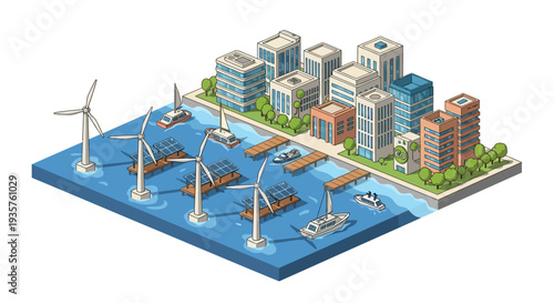 Isometric illustration of a green tech cityscape with renewable energy infrastructure, featuring wind turbines, factories, and buildings in an urban setting
