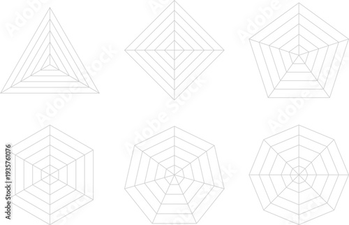 三角形から八角形のレーダーチャートの背景セット、クモの巣状のグラフ