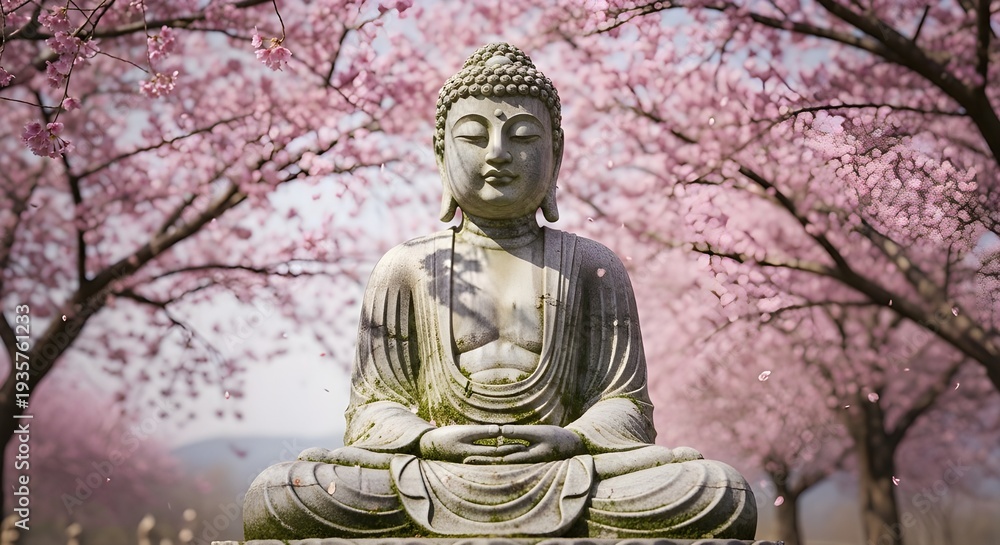 Obraz premium Buddha statue with cherry blossoms