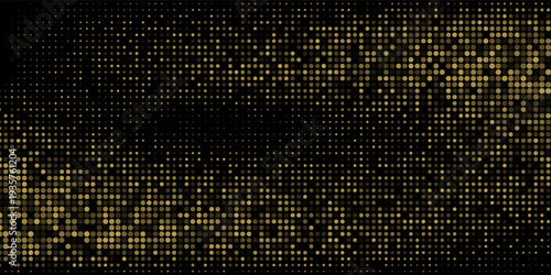 Abstract luxury banner with golden glittering dots on black background. Sparkling glitter bottom border, vector frame. Halftone effect. Magical gold dust. Pop art style backdrop.