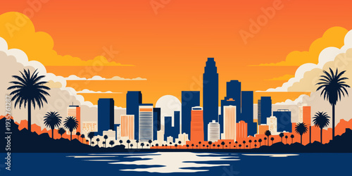 USA, US, U.S, United States - Los Angeles Sunset Skyline with Palm Tree Silhouettes – Ultra‑Wide Panoramic Flat Vector Illustration of a Warm Orange California Evening
