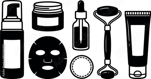 Flat design skincare icons set close up face mask jade roller serum dropper cream jar pump bottle cosmetic tube kit