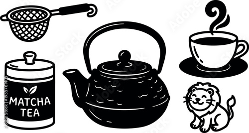 Line art teapot and matcha tea can with strainer cup and smiling lion mascot close up flat vector simple illustration