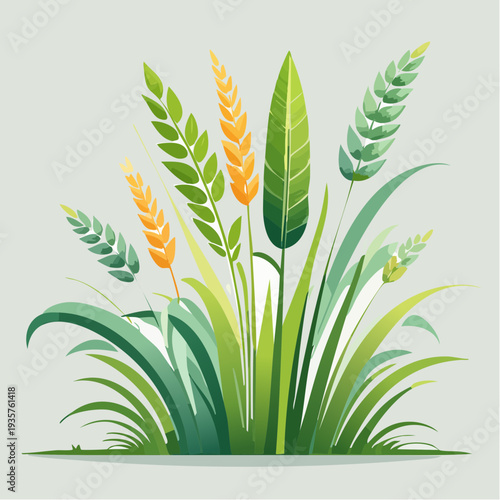 Vibrant stylized illustration of diverse agricultural plants with lush green foliage and golden cereal stalks representing growth and nature's bounty