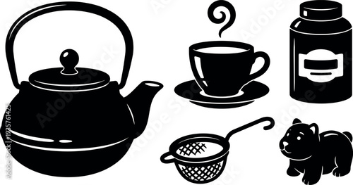 Silhouette vector close up teapot and steaming cup with strainer and tea jar and toy bear on white background studio