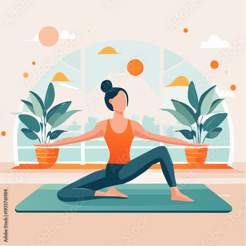 Woman practicing yoga in a bright, airy room with plants and natural light