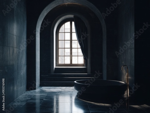 Dark stone bathroom with arched window. Soft light streams through wooden-framed glass. Curved bathtub sits beneath window's glow. Glossy floor reflects ambient illumination