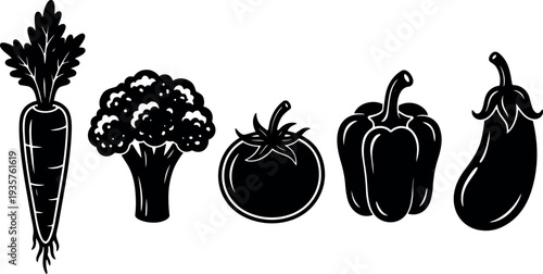 Minimalist black vegetable silhouettes row carrot broccoli tomato bell pepper and eggplant flat vector art studio composition isolated clean high contrast