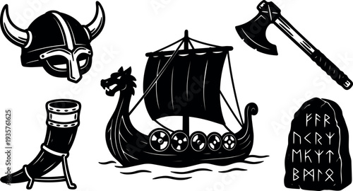 Tattoo flash viking longship and horned helmet with axe rune stone drinking horn shields oars black silhouette set side view