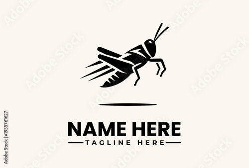 A vector illustration of a stylized grasshopper logo with wings, positioned above a customizable name and tagline on a beige background, suitable for use as a pictogram or icon.