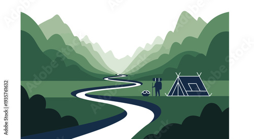 Camping Scene with Tent and Hikers.