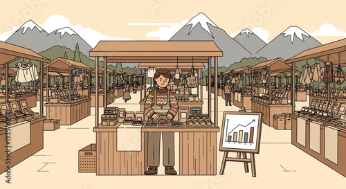 A vendor stands proudly at their market stall displaying goods.