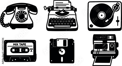 Flat retro icon set six vintage tech devices black silhouette arranged in grid close up top row telephone typewriter turntable