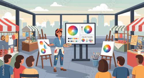 Art instructor teaching color theory to students.