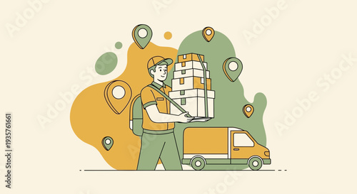 Delivery Man Holding Package Near Vehicle.