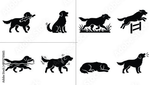 Collection of playful golden retriever silhouettes engaging in various activities