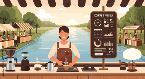 Barista preparing coffee at outdoor cafe counter.