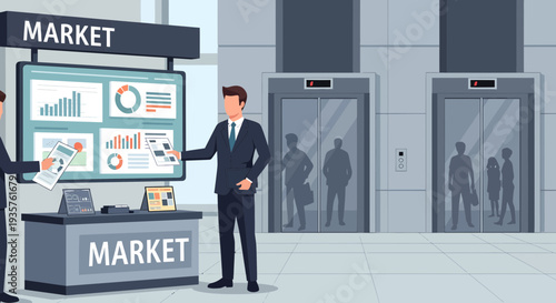 Business professionals analyzing market data on a large screen.