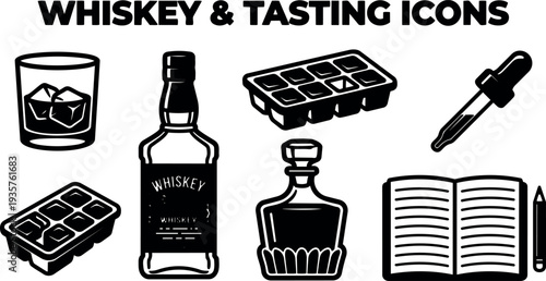 Minimalist vector icon set whiskey tasting bottle glass ice cubes decanter ice tray dropper tasting journal pencil bold line art