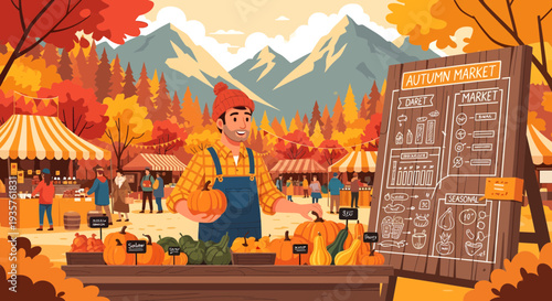 Farmer holding pumpkin at autumn market stall.