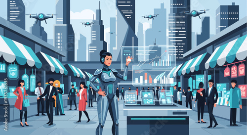 Futuristic Woman in Cybernetic Suit Interacting with Holographic Display.