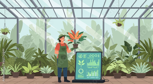 Gardener holding plant near laptop in greenhouse.