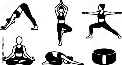Minimalist vector yoga icon set six female silhouettes performing downward dog tree warrior lotus child pose with meditation cushion studio