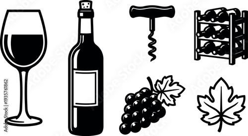 Line art wine icon set bottle glass corkscrew grapes and leaf wine rack isolated vector icons black and white minimal