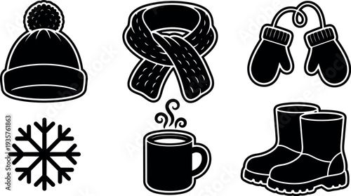 Flat design vector icon set of winter accessories beanie scarf mittens snowflake steaming mug and boots close up simple monochrome