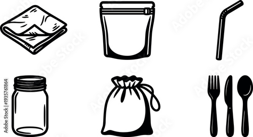 Line art flat design eco kitchen set cloth napkin zip pouch reusable straw glass jar drawstring bag cutlery top view