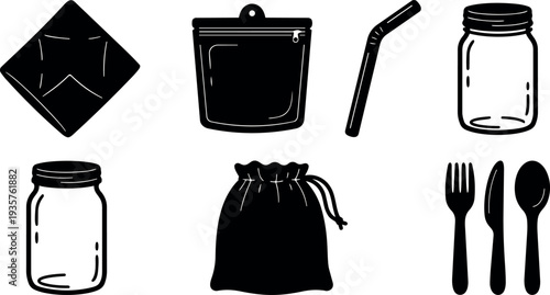 Minimalist icon set flat vector reusable kitchen items napkin zipper bag straw mason jar drawstring pouch fork knife spoon silhouette
