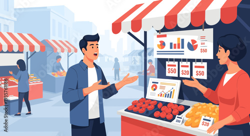 Man and woman interacting at a market stall with data displays.